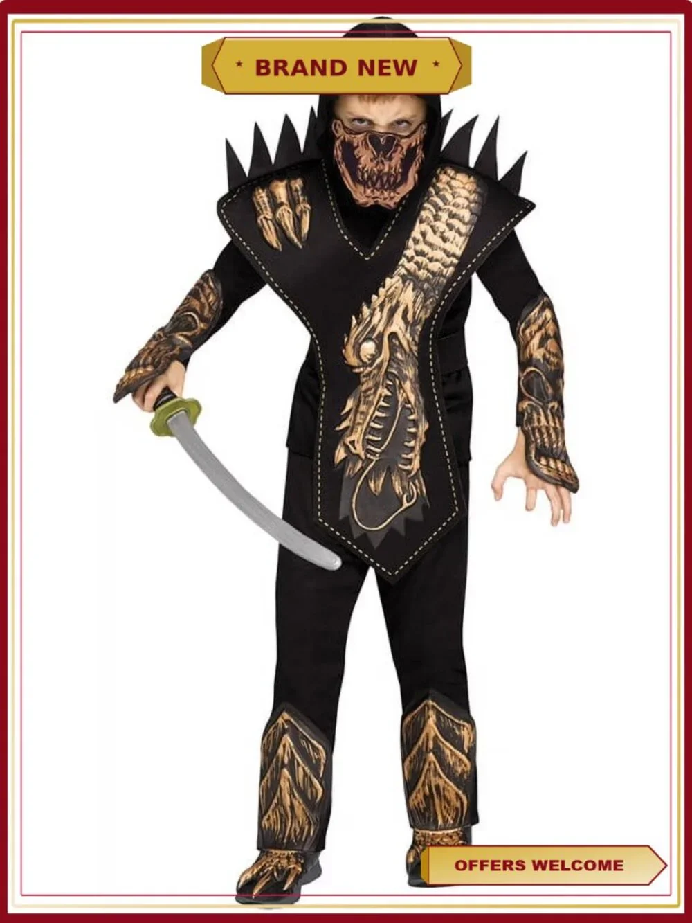 Boys Skull Dragon Ninja Costume Hooded Shirt Pants Mask
